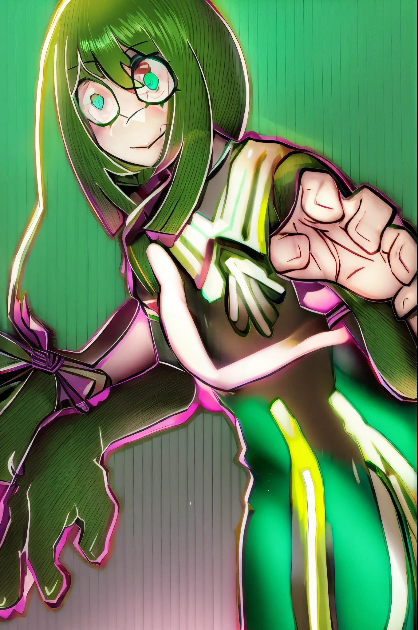 there  a drawing of a woman in a green dress, fighting pose, anime pose, in anime style, in an anime style, anime moe artstyle, very anime style, with index finger, cel shaded!!!, inspired by Jin Homura, fight pose, in japanese anime style, inspired by Rei Kamoi, inspired by Un'ichi Hiratsuka,  Tsuyu Asui