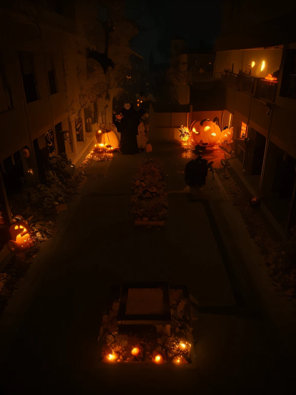 create Halloween theme which includes glowing pumpkins, even the depths' perpetual darkness