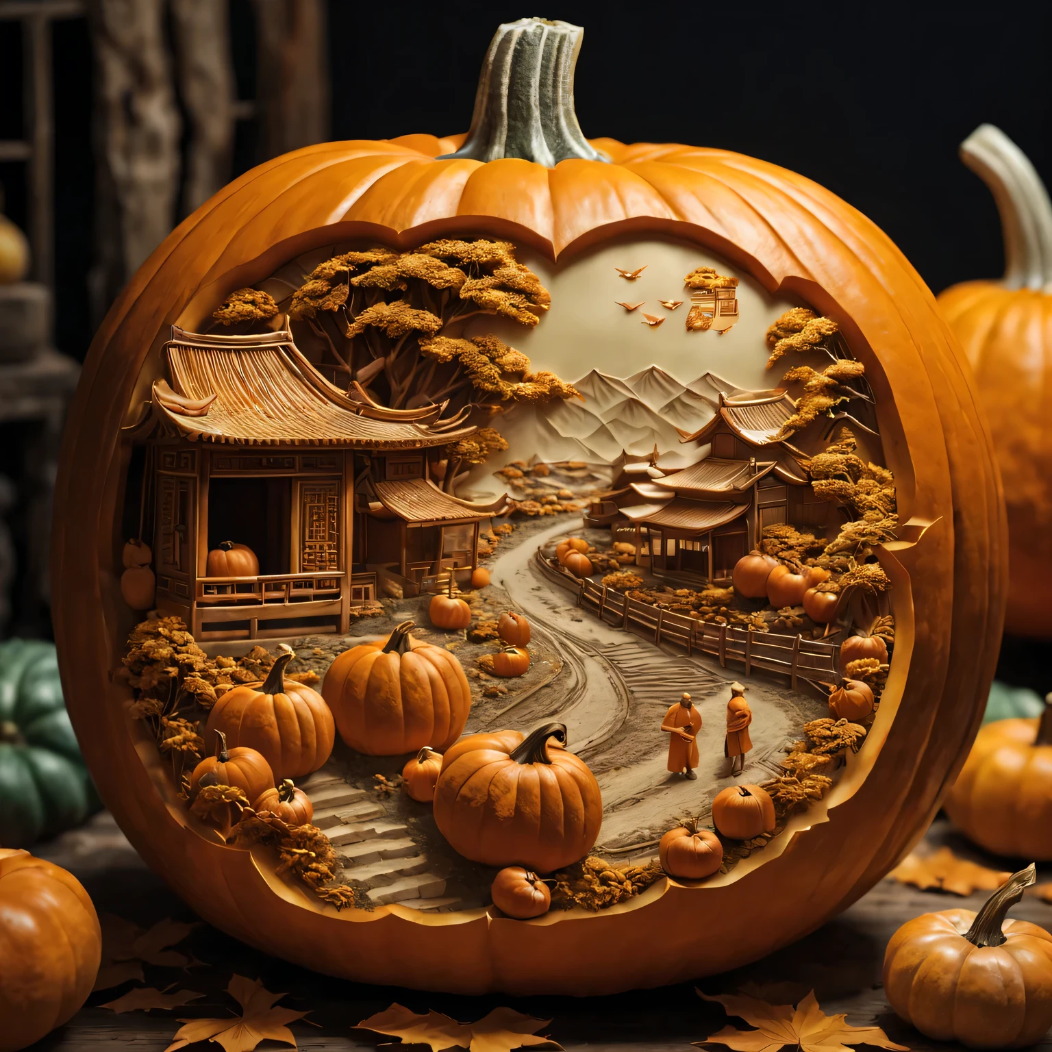 Carving a Chinese pastoral scene on a pumpkin,(best quality,4K,8k,high resolution,masterpiece:1.2),Super detailed,(actual,photoactual,photo-actual:1.37)