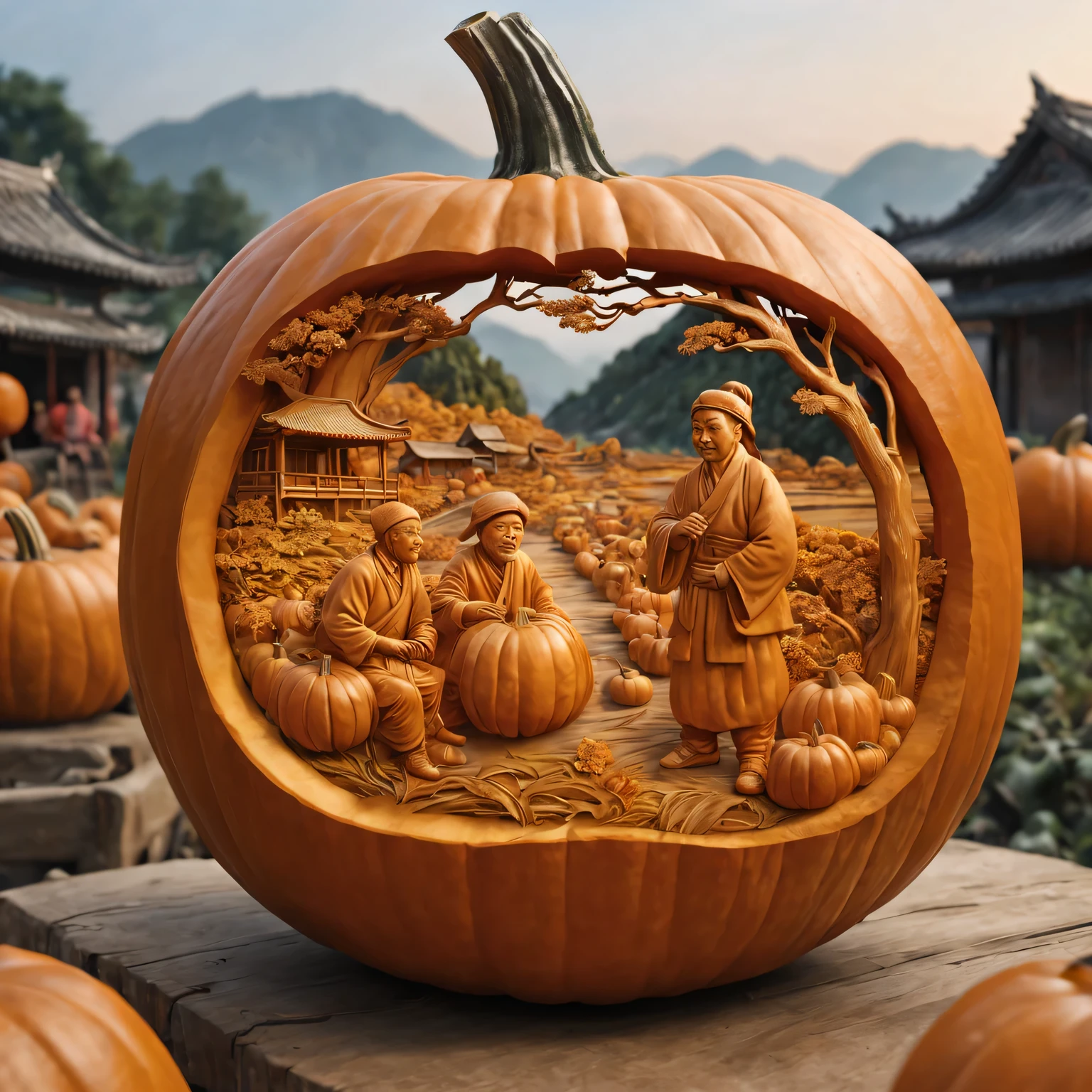 Carving a Chinese pastoral scene on a pumpkin,(best quality,4K,8k,high resolution,masterpiece:1.2),Super detailed,(actual,photoactual,photo-actual:1.37)