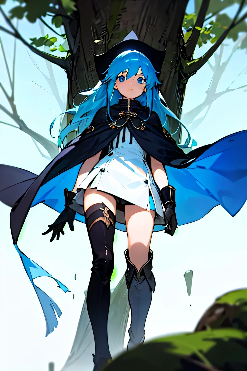 (best quality, masterpiece:1.2), 1 woman, alone, tree, long hair, blue hair, blue eyes, expressionless, thigh height 부츠, cloak, Gloves, thigh height, front view