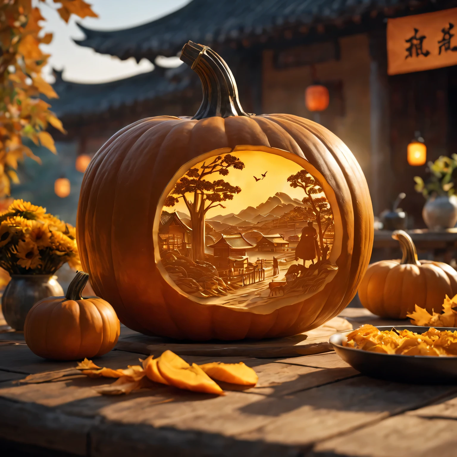 (best quality,4K,8k,high resolution,masterpiece:1.2),Super detailed,(actual,photoactual,photo-actual:1.37),Carving a Chinese pastoral scene on a pumpkin,close to the camera,in the center of the screen,A harmonious blend of warm and cool colors,