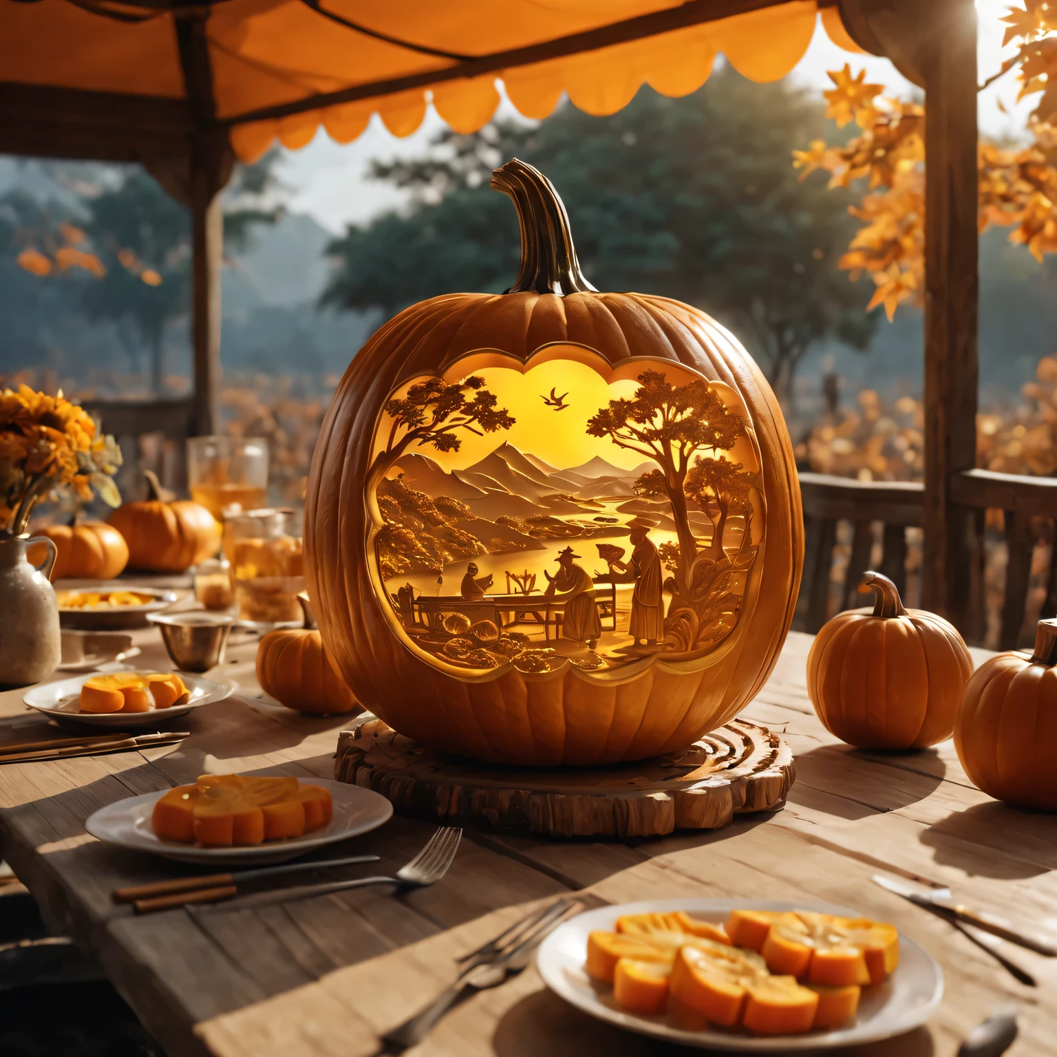 (best quality,4K,8k,high resolution,masterpiece:1.2),Super detailed,(actual,photoactual,photo-actual:1.37),Carving a Chinese pastoral scene on a pumpkin,close to the camera,in the center of the screen,A harmonious blend of warm and cool colors,