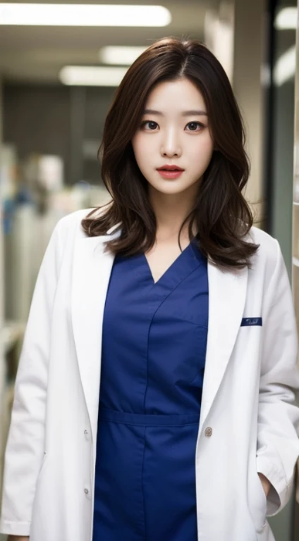 wearing a white coat, doctor, doctor’s coat,doctorの白衣,(doctor), nurse girl, nurse, wearing a white coat, medical doctor, ,A woman with the same face as last time(misaki)，４Ｋ、１people&#39;s women、slender、 Loose wavy styling 、seductive and attractive、full body shot,Including face and skin texture，detailed eyes、a seductive look