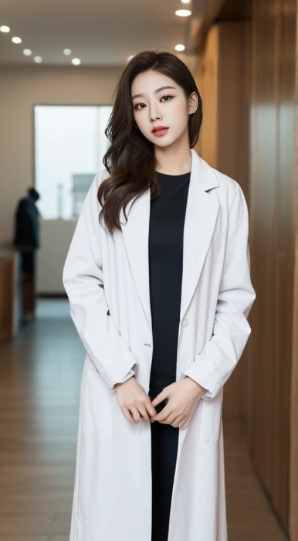 wearing a white coat, doctor, doctor’s coat,doctorの白衣,(doctor), nurse girl, nurse, wearing a white coat, medical doctor, ,A woman with the same face as last time(misaki),4K、1people's women、slender、 Loose wavy styling 、seductive and attractive、full body shot,Including face and skin texture,detailed eyes、a seductive look