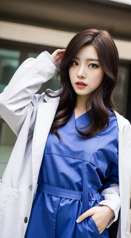 wearing a white coat, doctor, doctor’s coat,doctorの白衣,(doctor), nurse girl, nurse, wearing a white coat, medical doctor, ,A woman with the same face as last time(misaki)，４Ｋ、１people&#39;s women、slender、 Loose wavy styling 、seductive and attractive、full body shot,Including face and skin texture，detailed eyes、a seductive look