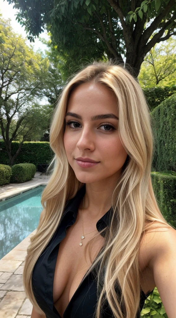 A 23-year-old blonde woman, ((pechos grandes)), ((hiperrealismo)) ,. blonde hair with light brown roots. cabello rubio, Hair with brown roots, cabello extra largo, cabello muy largo, really long hair, Beautiful, Front view, selfie, photo taken with iPhone, elegant black shirt with escote, escotada, selfie in the garden, high quality, selfie iPhone, cleavage