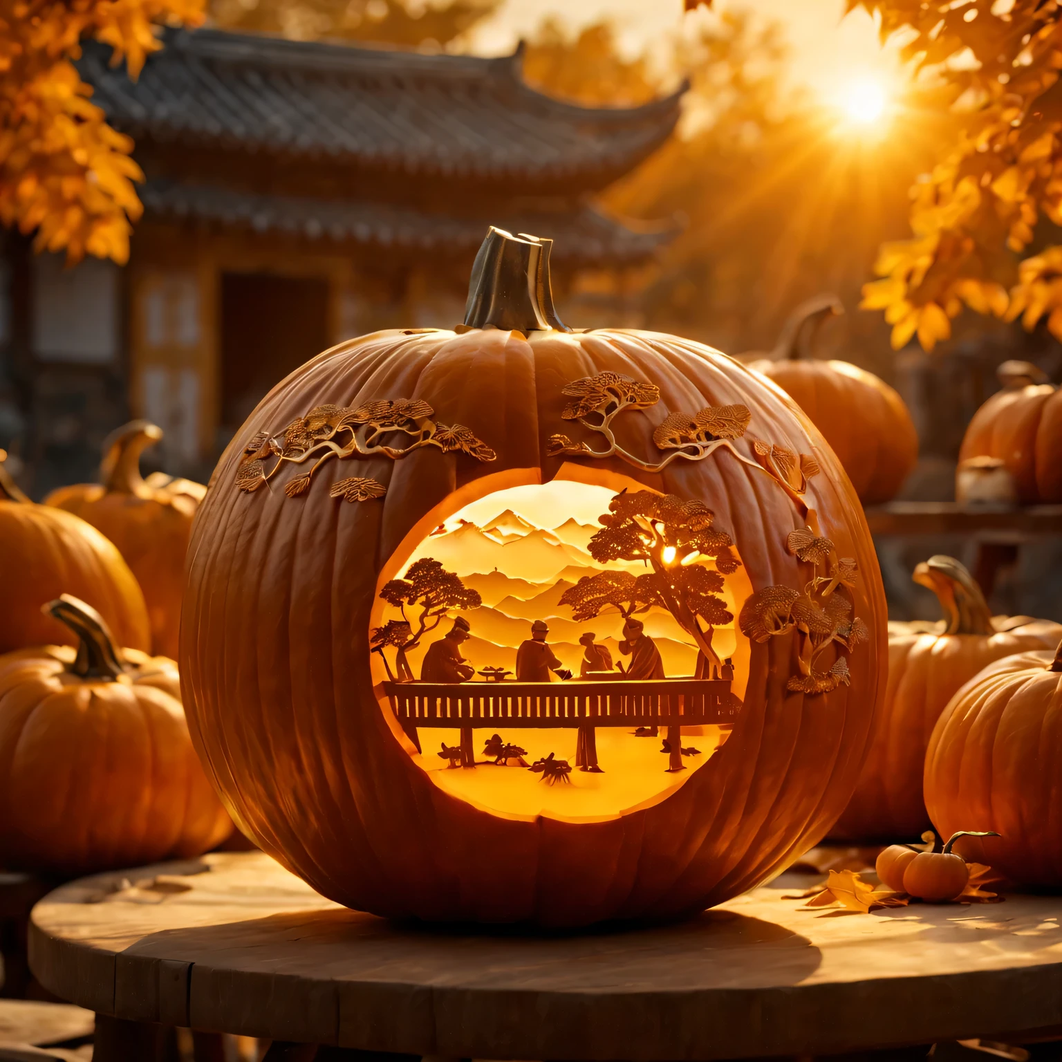 Carving a Chinese pastoral scene on a pumpkin,(best quality,4K,8k,high resolution,masterpiece:1.2),Super detailed,(actual,photoactual,photo-actual:1.37),on outdoor dining table,Soft sunlight casts a warm golden glow over the scene,A harmonious blend of warm and cool colors,