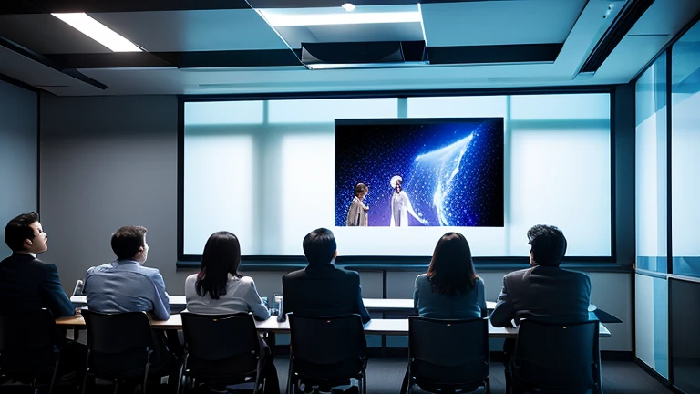 Several men and women are having a discussion while watching a projector image projected on a milky-white glass wall in a conference room with dimmable glass that can be switched between transparent and milky-white with the flick of a switch, and a standing-room-only conference room with no chairs.