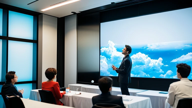 Several men and women are having a discussion while watching a projector image projected on a milky-white glass wall in a conference room with dimmable glass that can be switched between transparent and milky-white with the flick of a switch, and a standing-room-only conference room with no chairs.