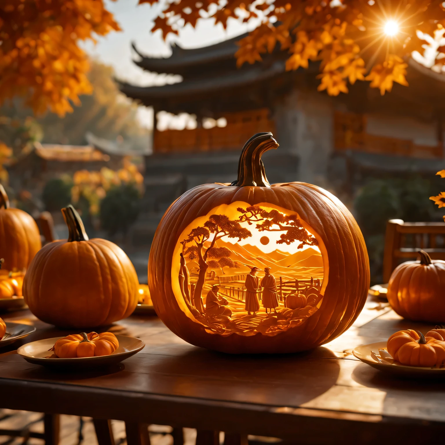(best quality,4K,8k,high resolution,masterpiece:1.2),Super detailed,(actual,photoactual,photo-actual:1.37),Carving a Chinese pastoral scene on a pumpkin,close to the camera,in the center of the screen,A harmonious blend of warm and cool colors,