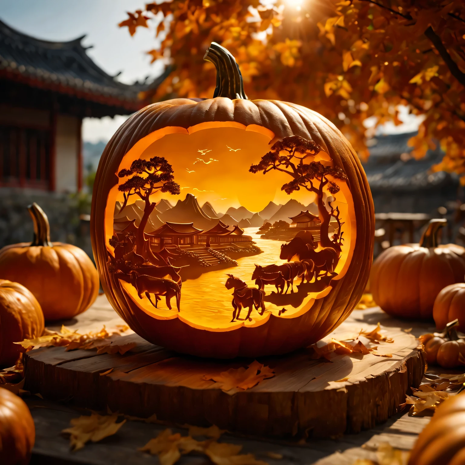 (best quality,4K,8k,high resolution,masterpiece:1.2),Super detailed,(actual,photoactual,photo-actual:1.37),Carving a Chinese pastoral scene on a pumpkin,close to the camera,in the center of the screen,A harmonious blend of warm and cool colors,