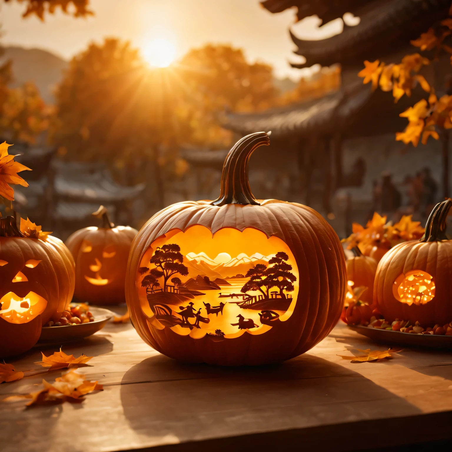 Carving a Chinese pastoral scene on a pumpkin,(best quality,4K,8k,high resolution,masterpiece:1.2),Super detailed,(actual,photoactual,photo-actual:1.37),on outdoor dining table,Soft sunlight casts a warm golden glow over the scene,A harmonious blend of warm and cool colors,