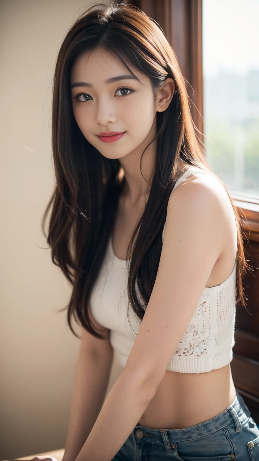 (8k, best quality, masterpiece:1.2), (actual, lifelike:1.37), Ultra-detailed, 1 girl,Lovely,alone,beautiful detailed sky,date,(blush),(Smile:1.15),(Keep your mouth shut)Small,Beautiful and delicate eyes,(long hair: 1.2),Flowing hair novaFrogStyle, Upper body, Vest