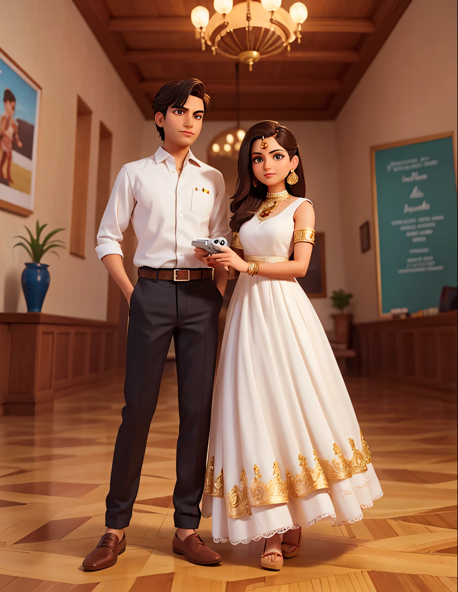Style of Illustration: Cartoonistic Studio Art
Subjects: Cartoon depiction of a perfect modern Indian couple
Important Feature: Blend of Western wear with Indian aesthetics, creating a beautiful and modern look
More Details: Stylish and trendy Western outfits with a touch of traditional accessories
Pose: A classic and romantic pose, conveying a sense of modern elegance
Framing: Full-body cartoon illustration, capturing the couple's stylish attire
Setting/Background: Studio outlook with a clean and sophisticated backdrop
Lighting: Soft and even lighting to highlight the couple's features and attire
Composition: Perfect symmetry and balance, creating an aesthetically pleasing cartoon depiction
Medium: Digital illustration for a polished and refined look
Artistic Style: Cartoonistic studio art, showcasing the perfect modern Indian couple in beautiful Western wear.