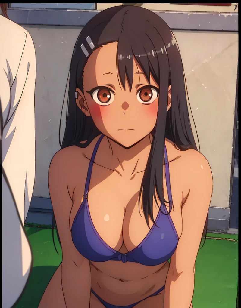 ((best quality)), ((highly detailed)), masterpiece, (detailed eyes, deep eyes), (1girl), cowboy shot, nagatoro hayase, hair ornament, brown eyes, hairclip, ((dark skin)), black hair, evil smile, smirk, micro bikini, nipple slip, squatting, spread legs, arms behind head, exposed armpits, sweaty shiny body, (inside, in a gymnasium)