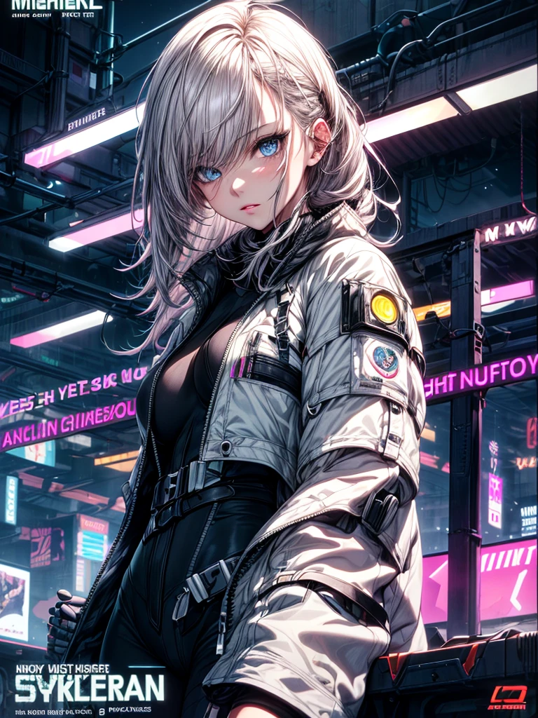 (Enrich the picture,Masterpiece level quality)Beautiful 8K CG artwork,1girl,solo,detailed face, perfect face, perfect eyes,blue eyes,Long Hair, pony tail,Very long hair, big boob,thighs,grey hair,Slim and soft,big breasts,outdoors, night, neon lights,cyber punk,