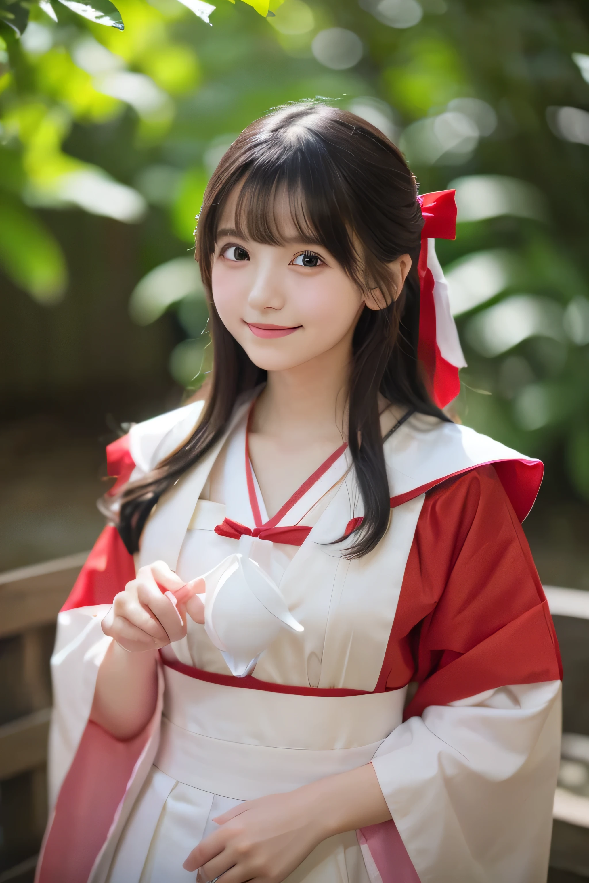 (shrine maiden)、((15 year old student))、random pose、(highest quality,masterpiece:1.3,ultra high resolution,),(Super detailed,caustics),(Photoreal:1.4,RAW shooting,)ultra-realistic capture,very detailed,High resolution 16K human skin close-up、 natural skin texture、、Skin tone looks even and healthy、 Use natural light and color,1 girl,Japanese,,cute,black haired,middle hair,,smile,,(written boundary depth、chromatic aberration、、wide range of lighting、natural shading、)、Yuki