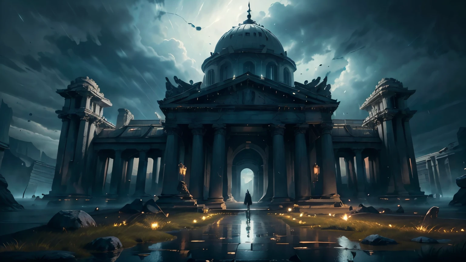 (best quality,4k,8k,highres,masterpiece:1.2),ultra-detailed,realistic,white greek temple,night,storm,heavy rain,hill,lightning flash,thunderous sound,ominous atmosphere,dramatic clouds,reflection on wet ground,ancient architecture,imposing columns,elegant sculptures,splashing raindrops,laden with history and myths,ethereal glow,moonlight,moonlit shadows,mystical aura,saturated colors,impressive grandeur,serene tranquility,compelling storytelling,monumental structure,epic proportions,awe-inspiring sight,eternal beauty,vivid details,dramatic contrast,dynamic composition,majestic entrance,imposing staircase,quietly elegant courtyard,majestic ruins,ancient stones,steep cliff,isolated,remote location,mysterious energy,
divine secrets,lush vegetation,silhouette of trees,wind whispers,imposing presence,ancestral heritage,historical significance,overwhelming emotions