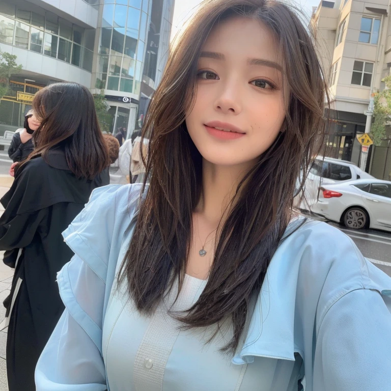((best quality, 8k, masterpiece:1.3)), focus: 1.2, perfect body beautiful: 1.4, buttocks: 1.2, ((layered hairstyle, : 1.2)), (wet clothes: 1.1), (rain, street:1.2), tube top dress: 1.1, Highly detailed facial and skin textures, beautiful eyes, double eyelids, whiten skin, long hair, (shut up: 1.3), Smile