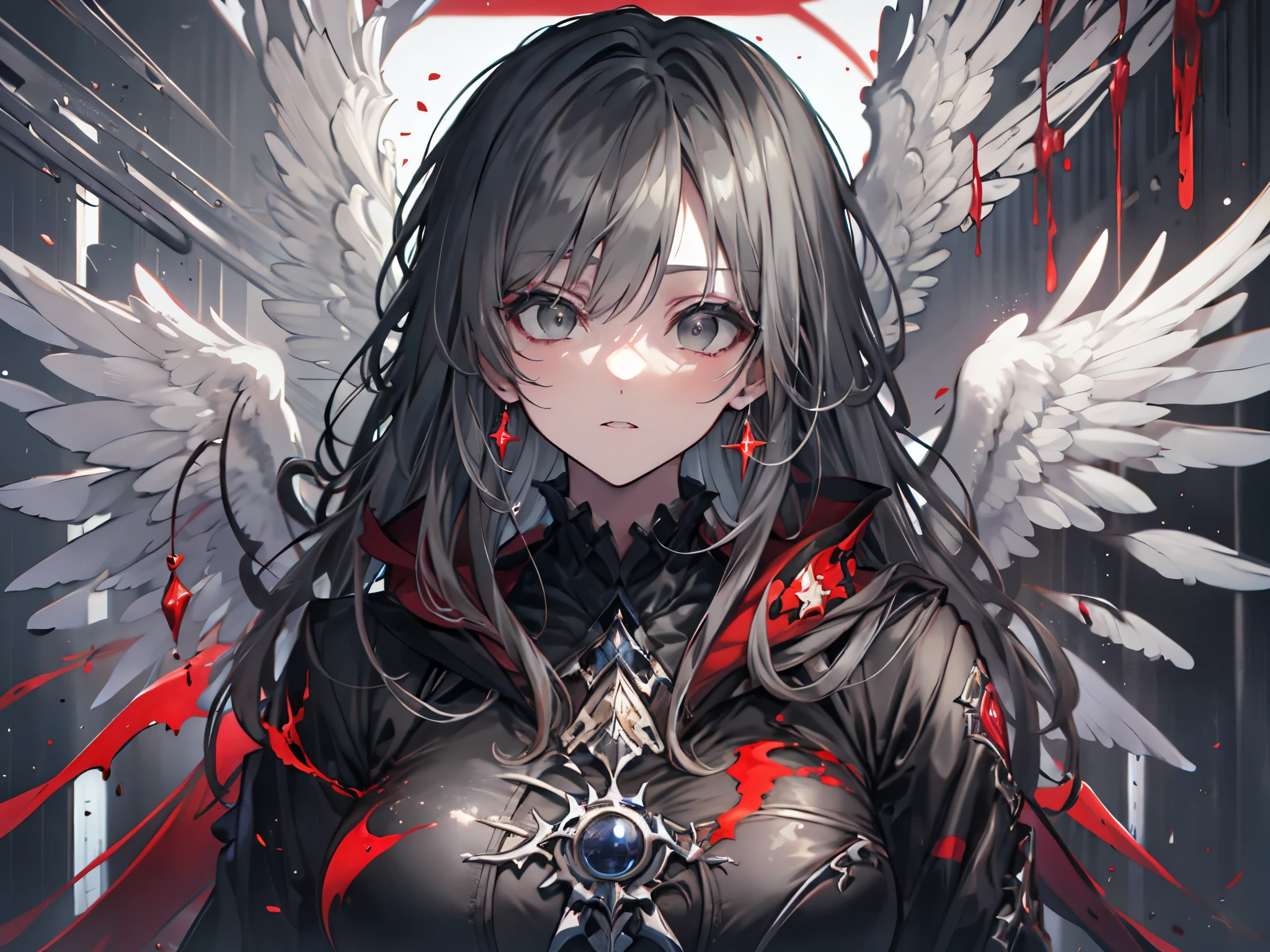 【Highest Quality, masutepiece】 [girl, Manteau, expressioness, Black eyes, front facing, Black hair, Walking, Upper body] (Gray white background:1.7), engel wings