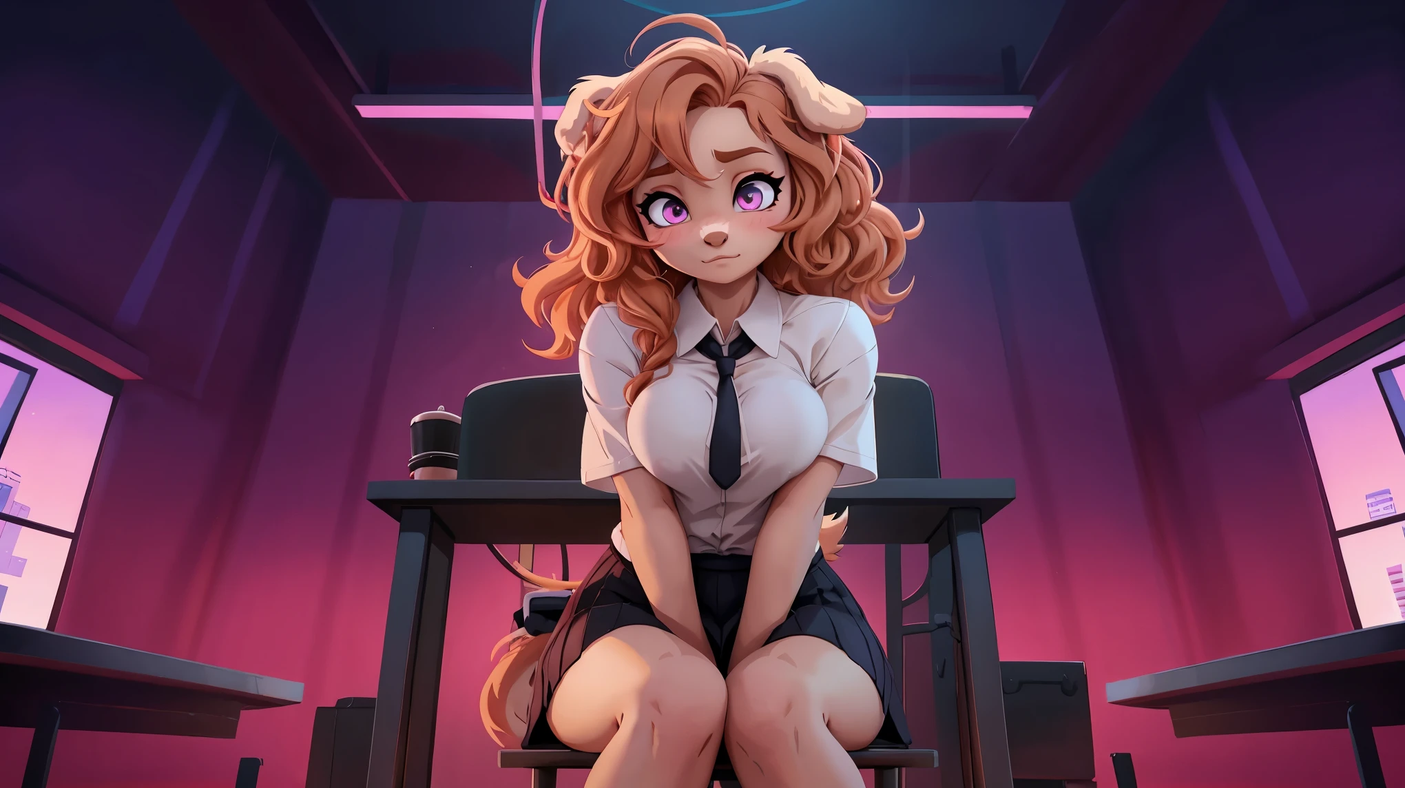 Skye, cockapoo, floppy ears, dog, beige tone, anthro, wavy ginger hair, magenta eyes, white shirt with black tie, black skirt, shoes, she is a student in a academy of assassins, sitting on a chair, tall, curvy, muscular, busty, looking embarassed, looking at viewer, solo, close view, extremely detailed, high quality, 4K, 8K, HDR, RAW