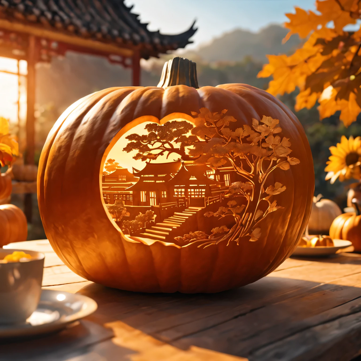 Carving a Chinese pastoral scene on a pumpkin,(best quality,4K,8k,high resolution,masterpiece:1.2),Super detailed,(actual,photoactual,photo-actual:1.37),on outdoor dining table,Soft sunlight casts a warm golden glow over the scene,A harmonious blend of warm and cool colors,
