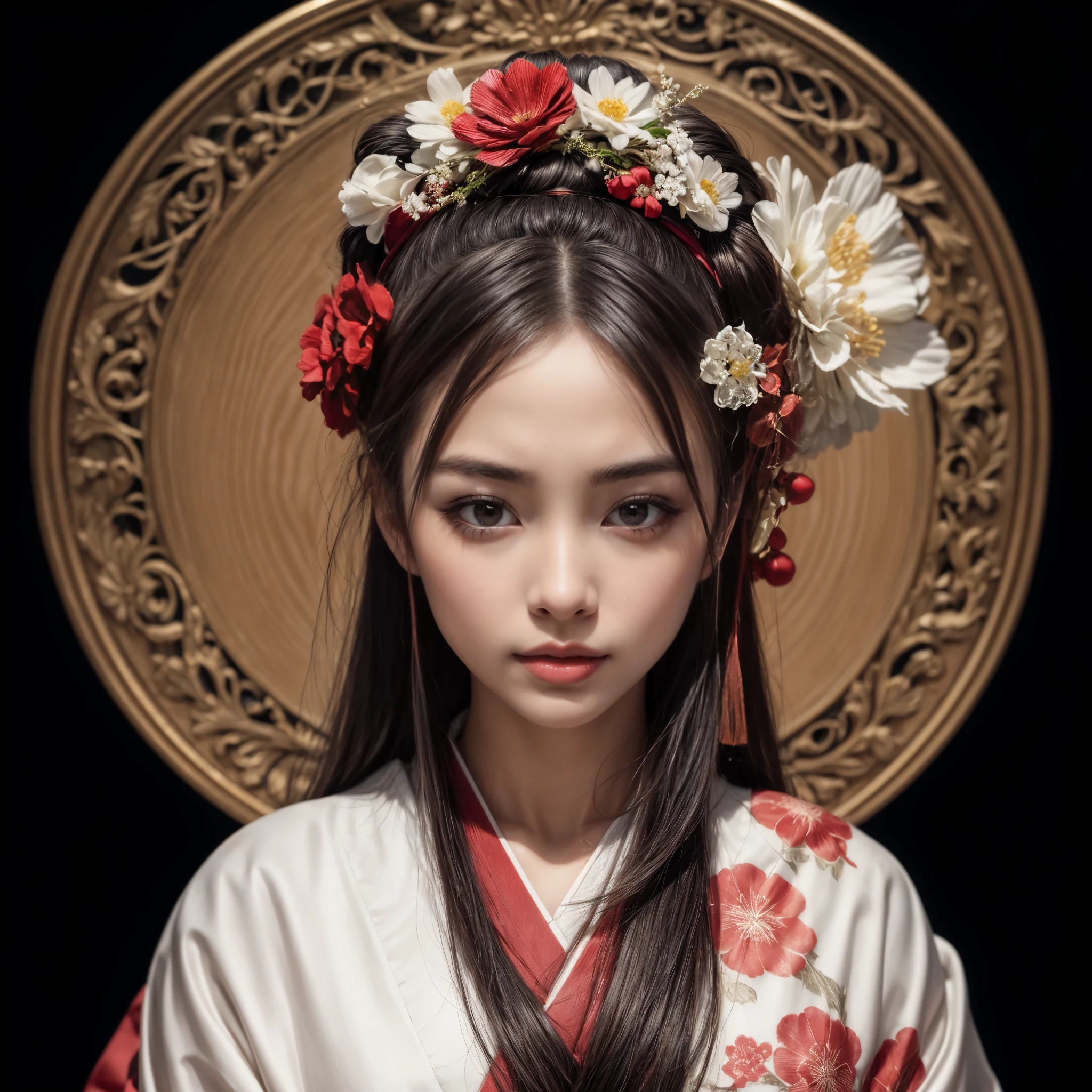 ((hyperrealistic, photorealistic, intricate details, full HD, maximum quality)) A beautiful japanese geisha, with beautiful eyes, long black hair, beautiful lips, silky skin, with buns in her hair and red flowers, wearing a black and white kimono, and in the background a stylized mosaic in the shape of a circle.
