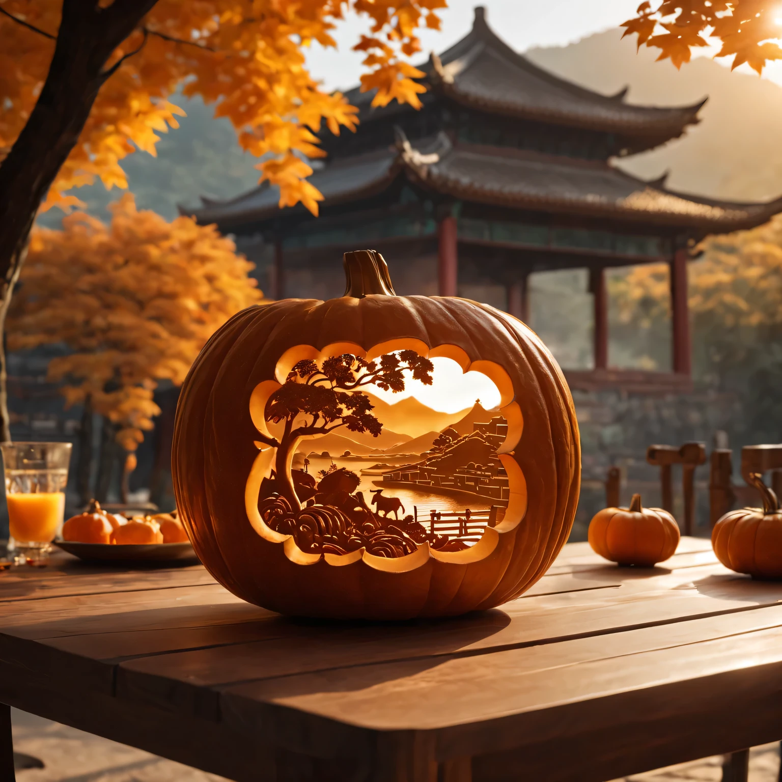 (best quality,4K,8k,high resolution,masterpiece:1.2),Super detailed,(actual,photoactual,photo-actual:1.37),Carving a Chinese pastoral scene on a pumpkin,close to the camera,in the center of the screen,A harmonious blend of warm and cool colors,
