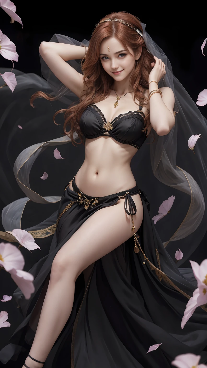 24-year-old Caucasian woman、Hair color is reddish、Hair is wavy、Eye color is blue、long hair、Hair is tied back、slender、smile、My abs are cracked、slenderだが均整の取れた細マッチョ、I'm wearing pin heels、smile、accessories on the wrist、wearing a belly dance costume、hiding the mouth with a veil、dancing belly dance、Pitch black background、Flower petals are dancing all over the screen