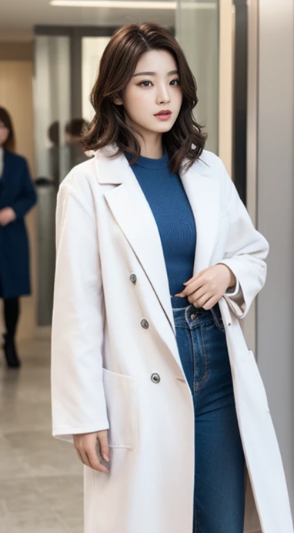 wearing a white coat, doctor, doctor’s coat,doctorの白衣,(doctor), wearing a white coat, medical doctor, ,A woman with the same face as last time(misaki)，４Ｋ、１people&#39;s women、slender、 Loose wavy styling 、seductive and attractive、full body shot,Including face and skin texture，detailed eyes、a seductive look