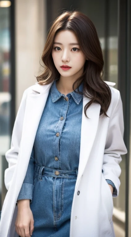 wearing a white coat, doctor, doctor’s coat,doctorの白衣,(doctor), wearing a white coat, medical doctor, ,A woman with the same face as last time(misaki),4K、1people's women、slender、 Loose wavy styling 、seductive and attractive、full body shot,Including face and skin texture,detailed eyes、a seductive look