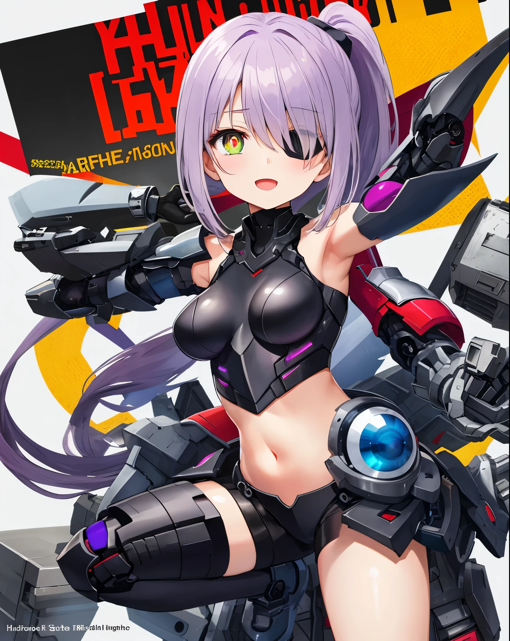 Japanese_anime_style,1figure_girl,(:1.5), (short_ponytail:1.3), (light_whitish_purple_hair:1.3),black_mechanical_armor_parts,white_breasts_parts_red_black_body_suit,bare_shoulder,bare_slender_thighs,medium_breasts,on_the_desk, desk_background,Stinging_eyes,(half_pupil:1.5),sleepy,thighhigh_greaves,gauntlets,dynamic_posing,bare_frank,metal_red_parts_armor,red_eye,
fists,hold_weapon,glare,navel,large_mechanical_parts,happy,waist_armor,open_mouth,rise_legs,apart_legs, (covered_navel:1.3),(very_long_bangs:1.3), (hair_over_one_eye:1.5),(long_bang_covers_right_half_of_face:1.5),
(covered_pussy:1.1),covered_breasts,armpits,