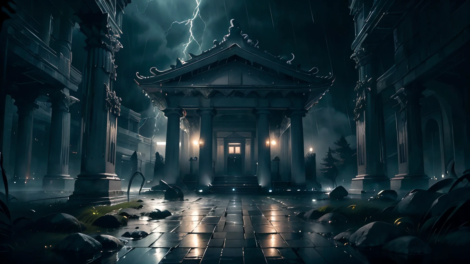 (ultra-detailed,night,storm,heavy rain,realistic) white Greek temple under a torrential downpour. (bokeh,studio lighting,vivid colors) the temple appears ethereal, with raindrops glistening on the white exterior. (lightning,foreboding) Lightning streaks across the darkened sky, illuminating the columns and creating a sense of drama. (mysterious,atmospheric) Thick mist envelops the temple, adding an air of mystery and intrigue. (wet floor,reflection) The temple stands on a reflective, rain-soaked ground, creating a mirror-like effect. (landscape,contrast) The stark contrast between the white temple, dark storm clouds, and intensely saturated colors enhances the overall atmosphere.