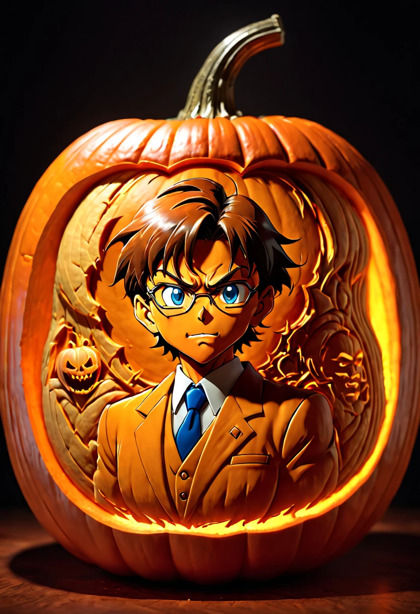 "Detective Conan" carved out of a pumpkin, clean lines, ambient light, octane render, (best quality, masterpiece, Representative work, official art, Professional, 8k:1.3)