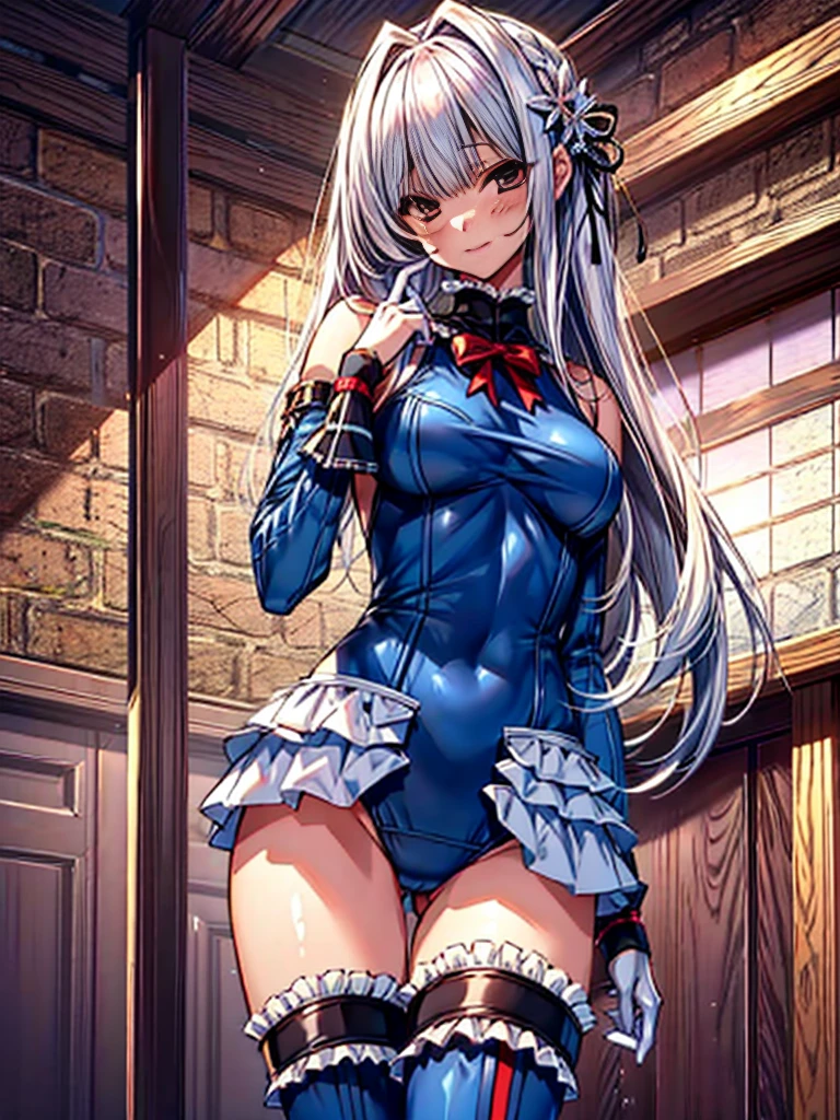 1 girl, ( (Digital) ( ), frilled swimsuit,
thighhighs,
detached sleeves,
marierose,
,1 girl,,,(Inside the base:1.4)