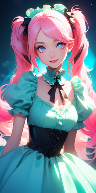 (pink hair,colorful fluorescence multicolored hair:1.5,twintails:1.5), (masterpiece, sidelights, exquisite beautiful eyes: 1.5), masterpieceportrait, realistic, ((gothic horror background:1.5)),(Gentle face:1.5),colorful,3D face,(cute face),front view: 1.6、 (glowing red eyes:1.2),(tareme:1.5)、(cute smile:1.5),((blue lips:1.2)),Slim Body, shiny hair, shiny skin: 1.5、medium breasts,、solo,(stand)、(ta dress:1.5)、(charactor focus:1.5、portlate、eye focus,cowboy shot)、bright atmosphere,intricatedetails