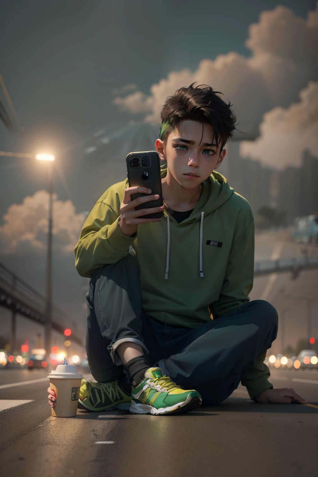 i am a boy on the road sitting on the highway background bokeh effect  blurred green yellow tone cap on my head my shirt  red paint  black i have iphone in hand beautiful highway ultra high quality picture