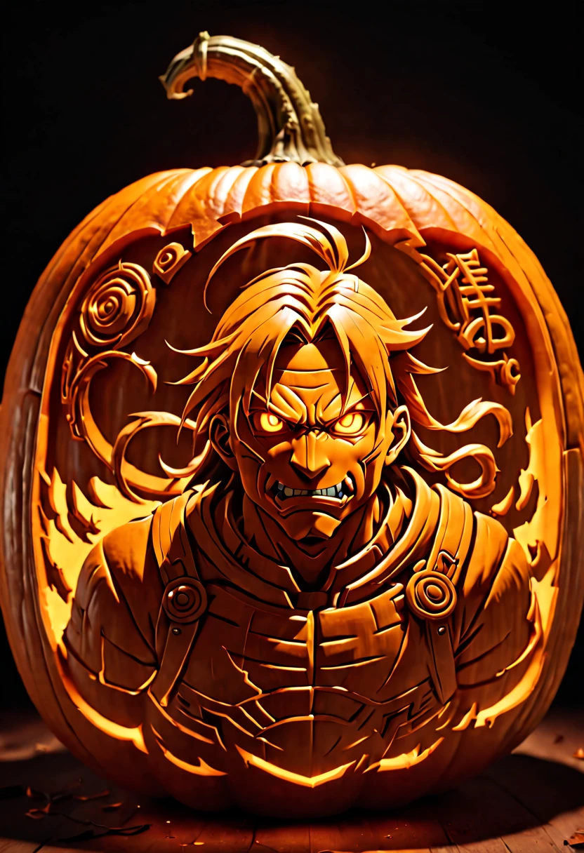 "NARUTO" carved out of a pumpkin, clean lines, ambient light, octane render, (best quality, masterpiece, Representative work, official art, Professional, 8k:1.3)