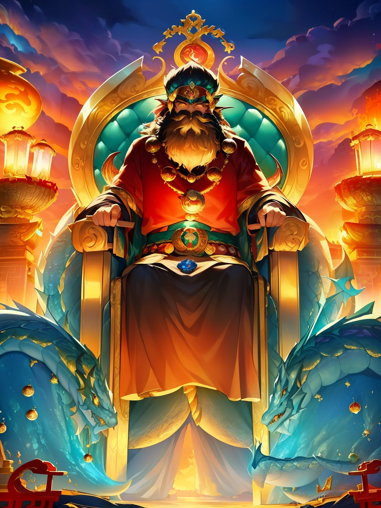 1. Chinese mythology, East Sea Dragon King, Majestic, Powerful, (Ancient deities:1.3), (Serpentine:1.2), (Beard and mustache:0.8), (Whiskers:0.9), (Huge size:1.5), scales, Vibrant colors, Shimmering water, (the reef:1.1), (Golden crown:1.2), (Dragon-shaped throne:1.4), (Flowing robes:1.1), (Dragon-shaped beard ornaments:1.3), (Emerald eyes:1.2), (pearls necklace:1.2), (Golden Trident:1.4), (levitating:1.1), (Sky clouds:1.3), (shimmering dazzling lighting:1.2), (Crashing waves:1.3), (A palace full of treasures:1.5), (Schools of colorful fish:1.2), (an underwater city:1.4), magnifica, Mythical, Magnificent, Extensive and detailed, standing apart, Traditional Chinese architecture.
