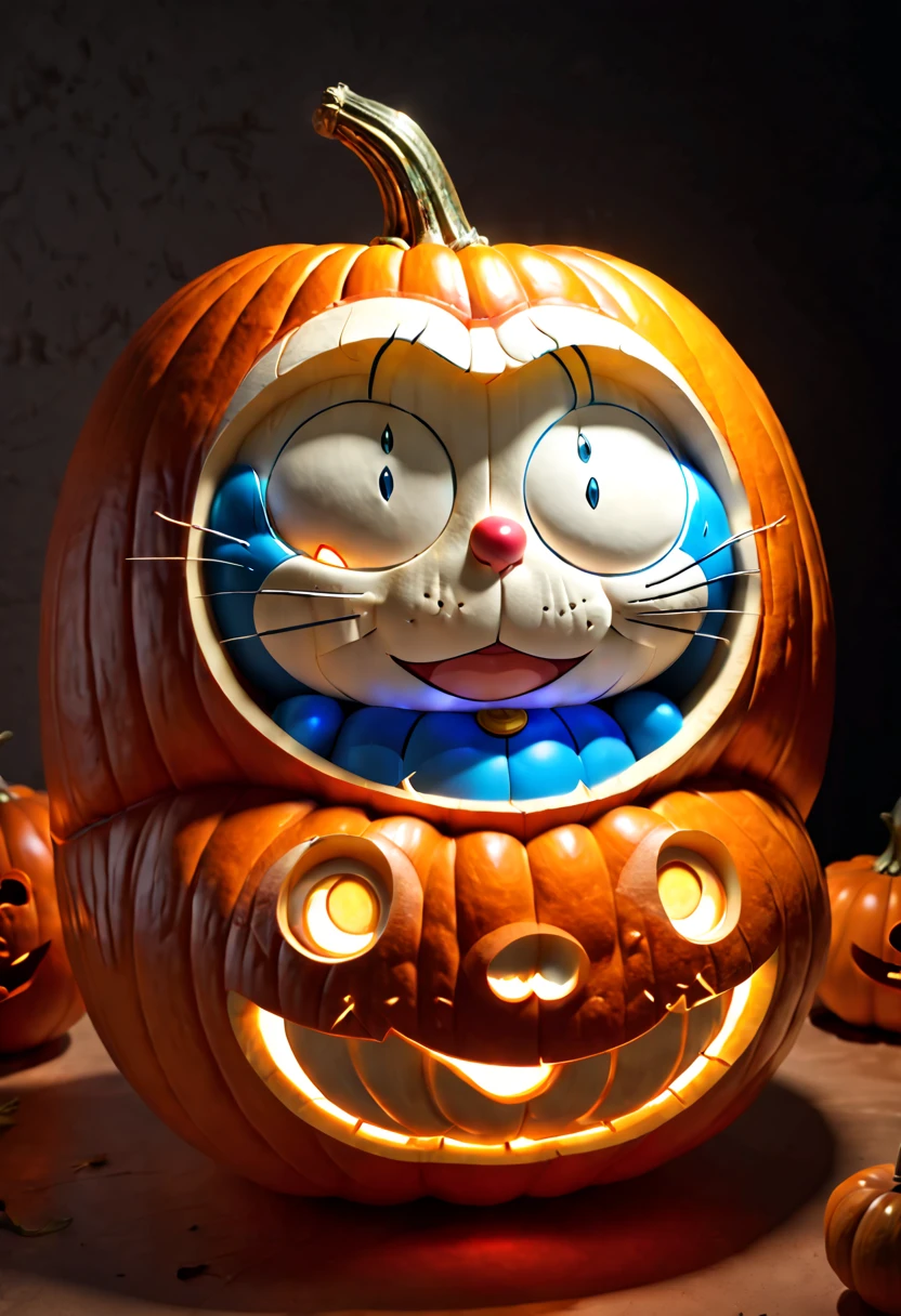 Pumpkin Carving design style, Museum Exhibition Work, Mecha by Katsuhiro Otomo and Yoji Shinkawa Carved on Pumpkin, full body, octane render, (best quality, masterpiece, Representative work, official art, Professional, 8k:1.3)