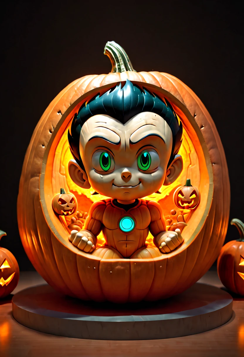 Pumpkin Carving design style, Museum Exhibition Work, Mecha by Katsuhiro Otomo and Yoji Shinkawa Carved on Pumpkin, full body, octane render, (best quality, masterpiece, Representative work, official art, Professional, 8k:1.3)