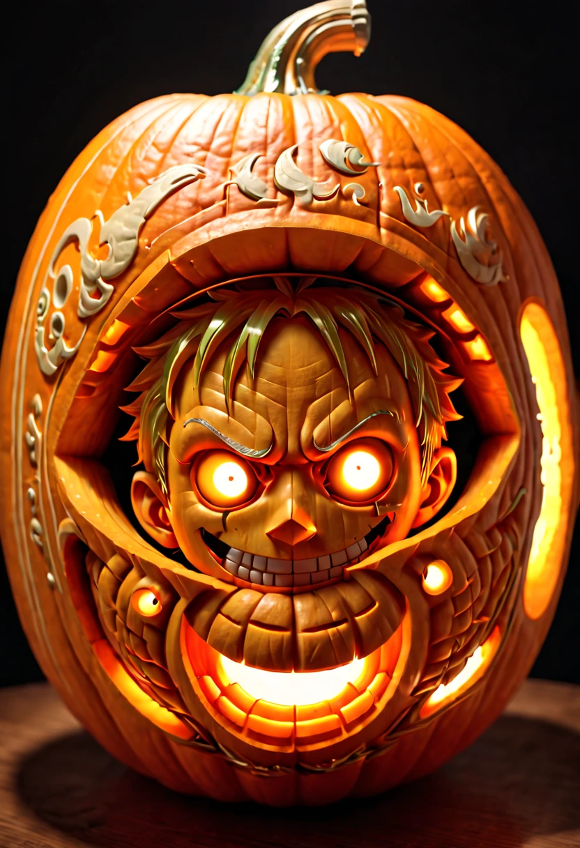 "ONE PIECE" carved out of a pumpkin, clean lines, ambient light, octane render, (best quality, masterpiece, Representative work, official art, Professional, 8k:1.3)