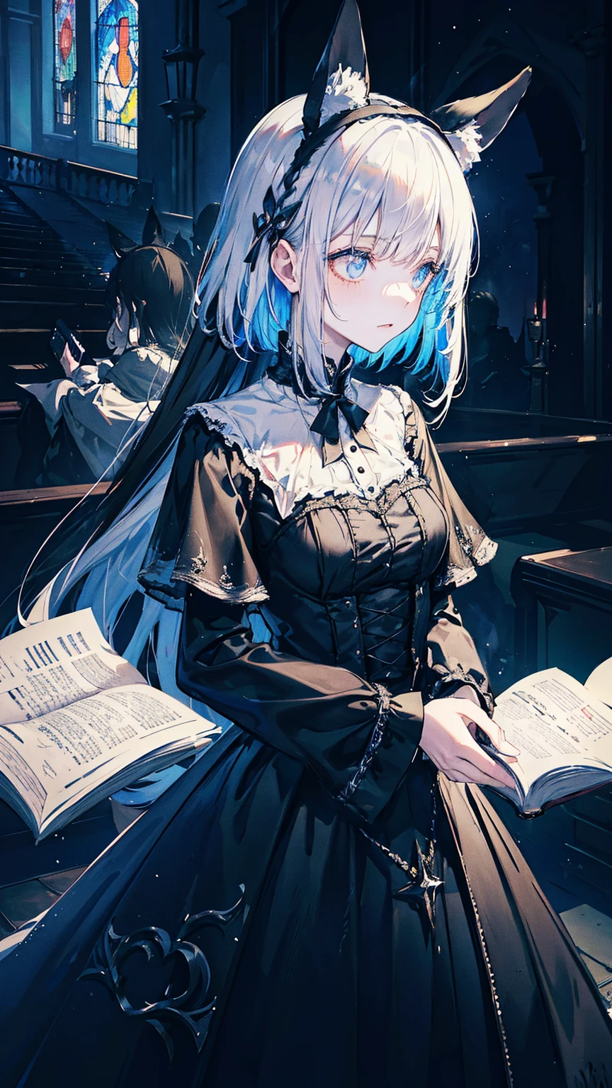 A girl with black long hair, dressed in gothic ta style, wearing dog ears and a dog tail, stands inside an old church. The church is dimly lit, with rays of sunlight filtering through the stained glass windows, casting colorful shadows on the wooden pews. The girl's hair cascades down her back, adorned with intricate silver hair accessories. Her eyes, shining with a mysterious allure, gaze into the distance as she clutches onto a worn-out leather book. The atmosphere is filled with an air of nostalgia and solemnity. The artwork should showcase the best quality, with ultra-detailed craftsmanship highlighting every intricate detail, making it a true masterpiece. The colors should be vivid and rich, reflecting the dark and enchanting theme of the gothic lolityle. The lighting should emphasize the shadows and create a hauntingly beautiful ambiance, adding depth and realism to the scene.