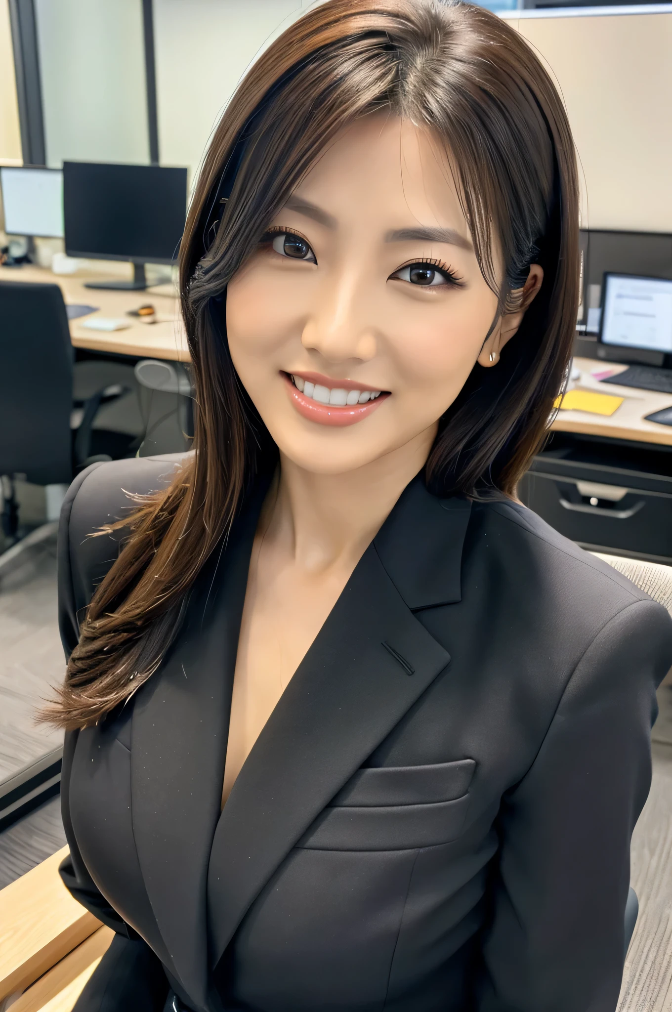 Highest resolution, 4K, Masterpiece: 1.3), A Japanese milf, photo of one lady, Sexy: 1.1, fine eyes, Slender figure, Realistic teeth, double eyelids, full body, best quality, detailed, business suits, at the office, sexy pose