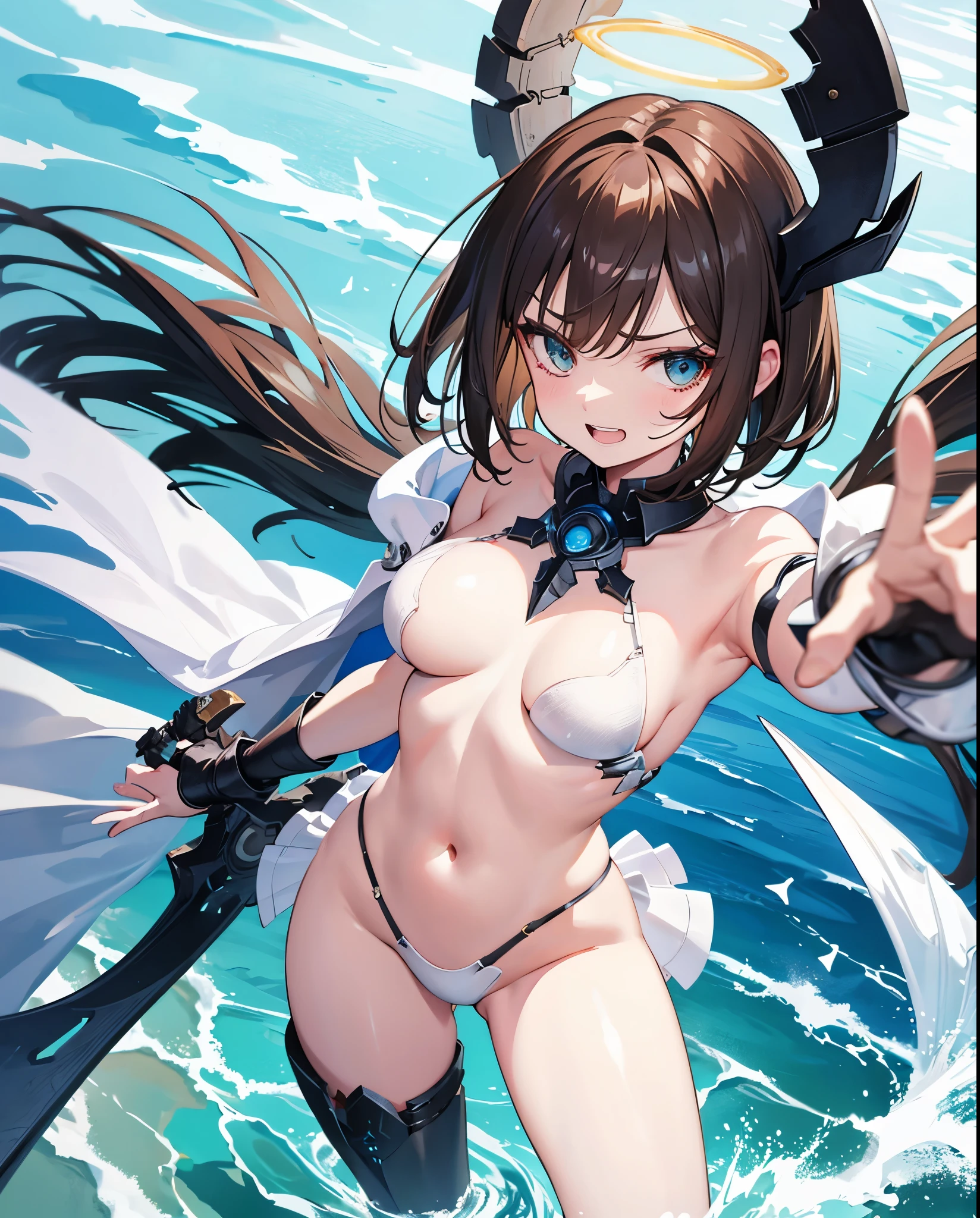 fantasy, 1angel_girl,child, loli,brown_hair, medium_bob_hair, long_bangs, halo,bare_shoulder,thighhighs,silver_armor, waist_armor, large_breasts,angry,grinning,open_mouth_teeth, 1pair_wings, dynamic_pose_fighting,floating, bare_crotch, headgear,gauntlet, greaves,ocean_sky_background,slightly_spread_legs, solo, groin_naked,