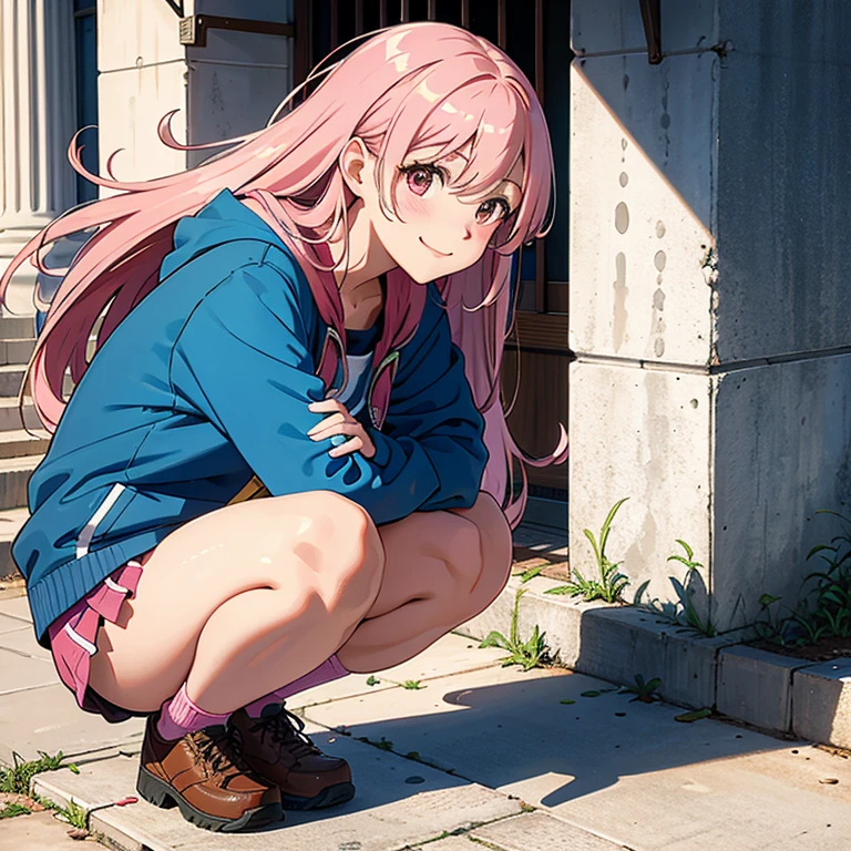 Ultra high resolution, 16k, ((masterpiece)), ((best quality))), ((super detailed)), upper body view, a girl, long pink hair, smiling, squatting on the stairs of the school building