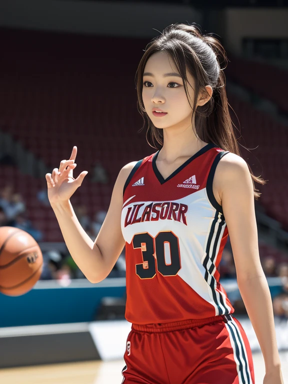 (8K, highest quality, masterpiece: 1.2), (realistic, realistic: 1.37), Super detailed, highest quality, ultra high resolution, professional lighting, photon mapping, radio city, Physically based rendering, cinematic lighting , basketball court, Depth of bounds written, concentrated, Light of the sun, good composition, (Bokeh: 1.2), 1 girl, (whole body), (closed mouth), beautiful eyes, Pause, narrow, Basketball Uniform, black hair , messy hair, Long hair fluttering in the wind,(Ulzzang-6500:1.2) mix 4, hiqcgbody,shoot,dribble,Jump to、Running、Beautiful foam,Place your left hand on the ball、