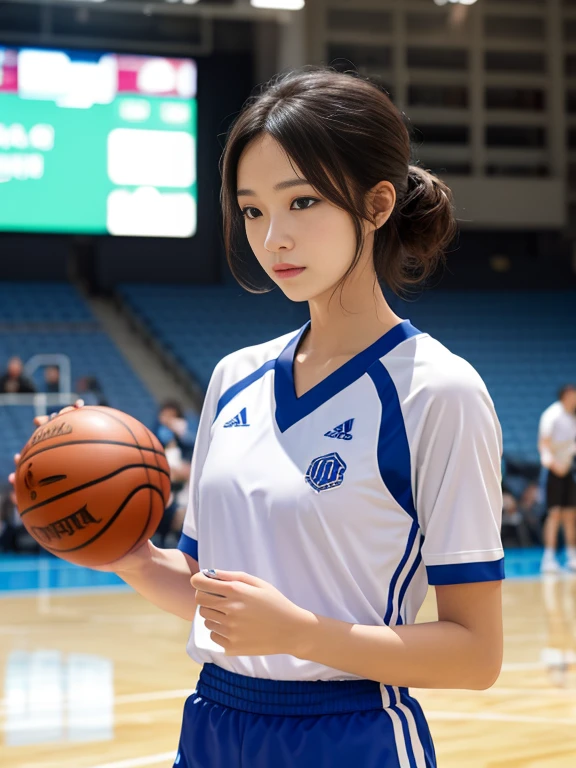 (8K, highest quality, masterpiece: 1.2), (realistic, realistic: 1.37), Super detailed, highest quality, ultra high resolution, professional lighting, photon mapping, radio city, Physically based rendering, cinematic lighting , basketball court, Depth of bounds written, concentrated, Light of the sun, good composition, (Bokeh: 1.2), 1 girl, (whole body), (closed mouth), beautiful eyes, Pause, narrow, Basketball Uniform, black hair , messy hair, Long hair fluttering in the wind,(Ulzzang-6500:1.2) mix 4, hiqcgbody,shoot,dribble,Jump to、Running、Beautiful foam,Place your left hand on the ball、