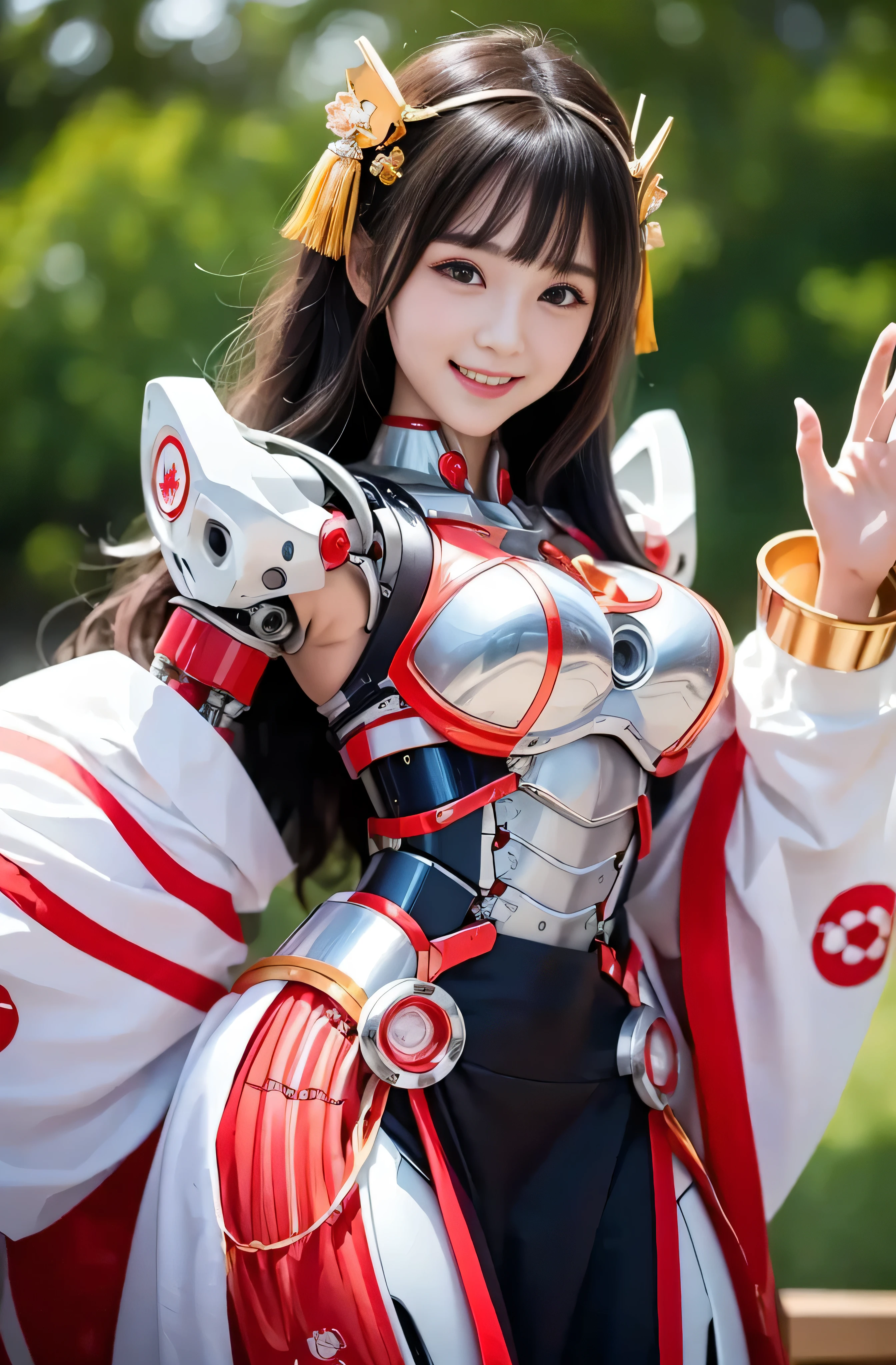 サイバネティックアームと輝くロボットCyber Girl,(Transparent white shrine maiden costume:1.4, ),(Cyber Girl, White mechanical robot with red border:1.3), (Robot shining behind:1.3),Glossy light brown and orange striped shorthair,cute smile,perfect round face,A cheerful smile that makes everyone happy,Proper body proportions,table top,Ultra high quality output image,High resolution,intricate details,Very delicate and beautiful black hair waving in the wind, Japanese hair ornament, realistic pictures,dream-like,professional lighting,realistic shadow,focus only,beautiful hands,beautiful fingers,Detailed functions of fingers,Detailed features of the garment,Detailed characteristics of hair,detailed facial features, shrine background,